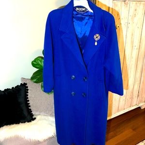 Vintage Women’s long Royal Blue wool coat with broach